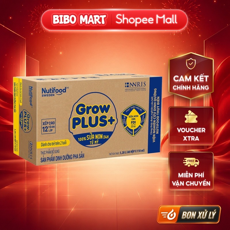 [MALL] Thùng 48 Hộp Sữa Non Pha Sẵn GrowPLUS+ Vàng 110ml Cho Bé Trên 2 Tuổi - Bibo Mart