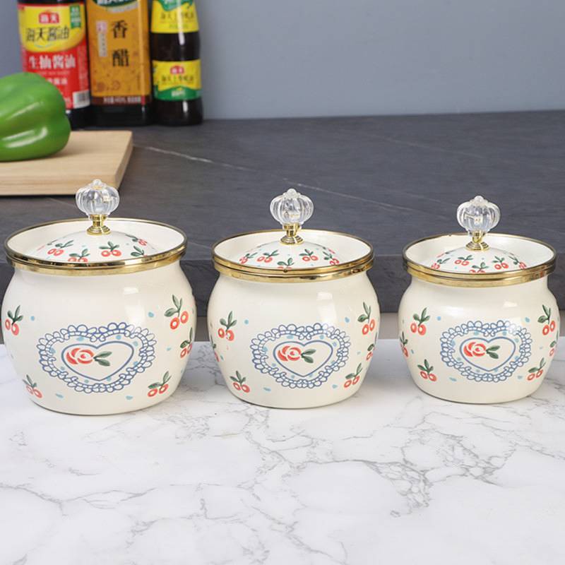 Oulijia Enamel Enamel Seasoning Box Vintage Enamel Seasoning Jar Sucrier Salt Jar Tea Jar Coffee Pot