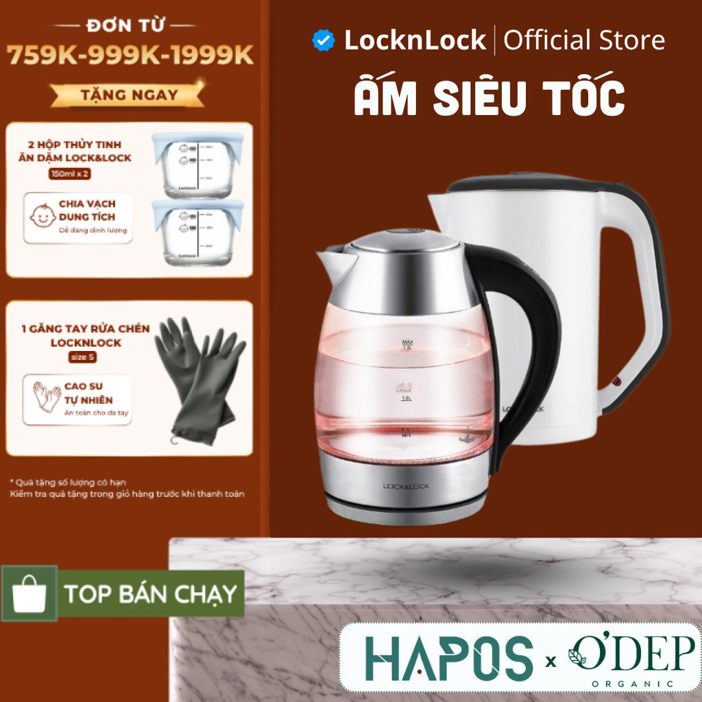 Ấm siêu tốc thủy tinh 1.8L LocknLock 2200W, có LED tùy chỉnh 5 mức nhiệt, đun nước pha sữa, trà, cafe - HAPOS LOF
