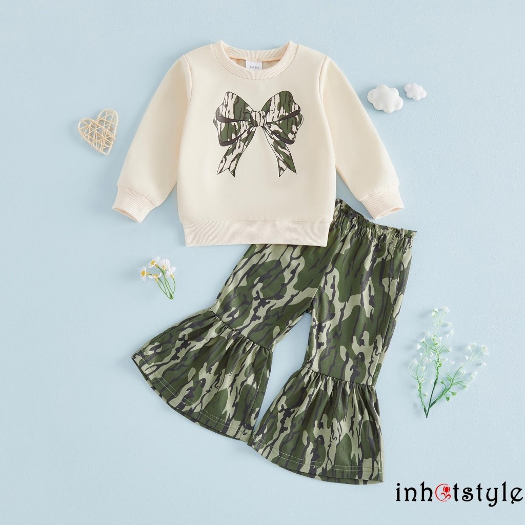 Lalalaak-Toddler Girls 2 Món Trang Phục Đáng Yêu Camo Nơ In Áo Dài Tay Và Ngụy Trang Bộ Quần loe