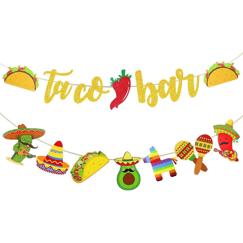 Fiesta Taco Bar Banner Vòng Hoa 2 Bộ Biểu Ngữ Tiệc Fiesta Mexico với Xương Rồng Donkey Maraca Sombre