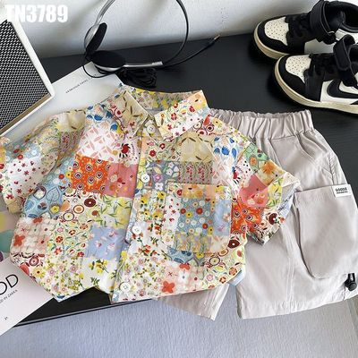 Bộ Sơ Mi Ngắn Tay Bé Trai Họa Tiết Hoa Ô Ghép Đa Sắc Quần Short Túi Hộp MINTSCLOSET TN3789