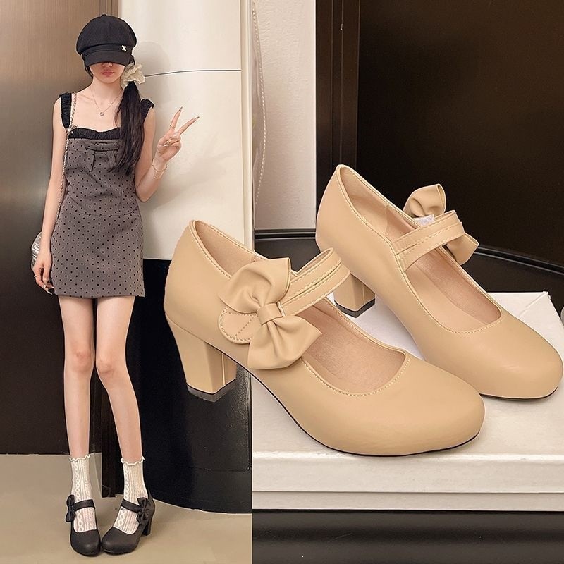Giày Ngón Tròn Nữ Gót Dày 0 Nhẹ Nhàng Giày Giữa Gót Mary Jane Giày Nữ Cao Gót Nơ Tất Cả Trận Đấu Nữ