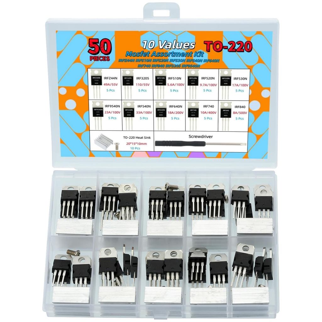 Bộ 50 10 giá trị Mosfet Dòng TO-220 có tản nhiệt | IRFZ44N IRF510N IRF530N IRF540N IRF640N, IRF740 I