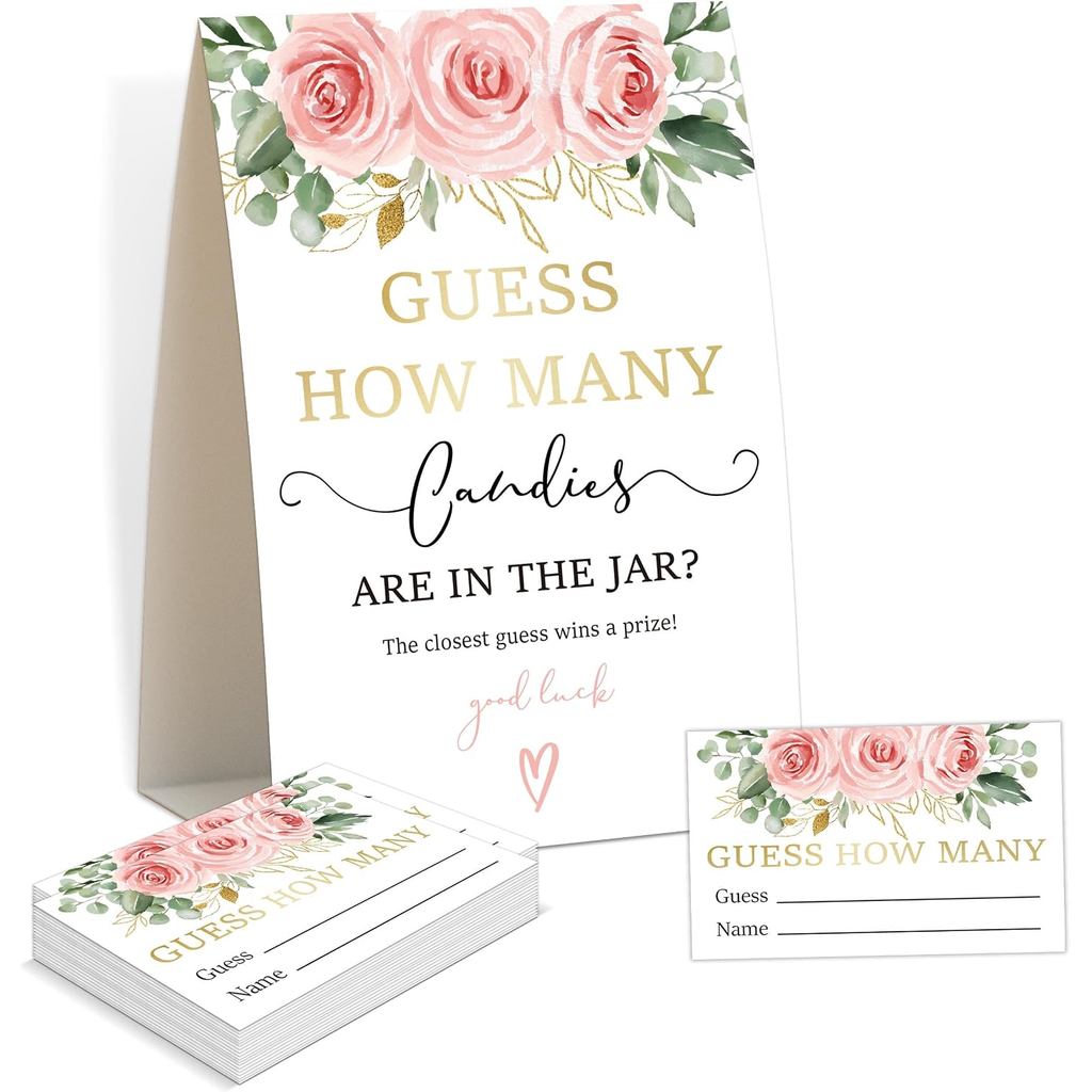 Trò chơi tắm cho bé - Blush Pink Floral Guess How Many Candy Are in the Jar Game, 1 Dấu hiệu và 50 T