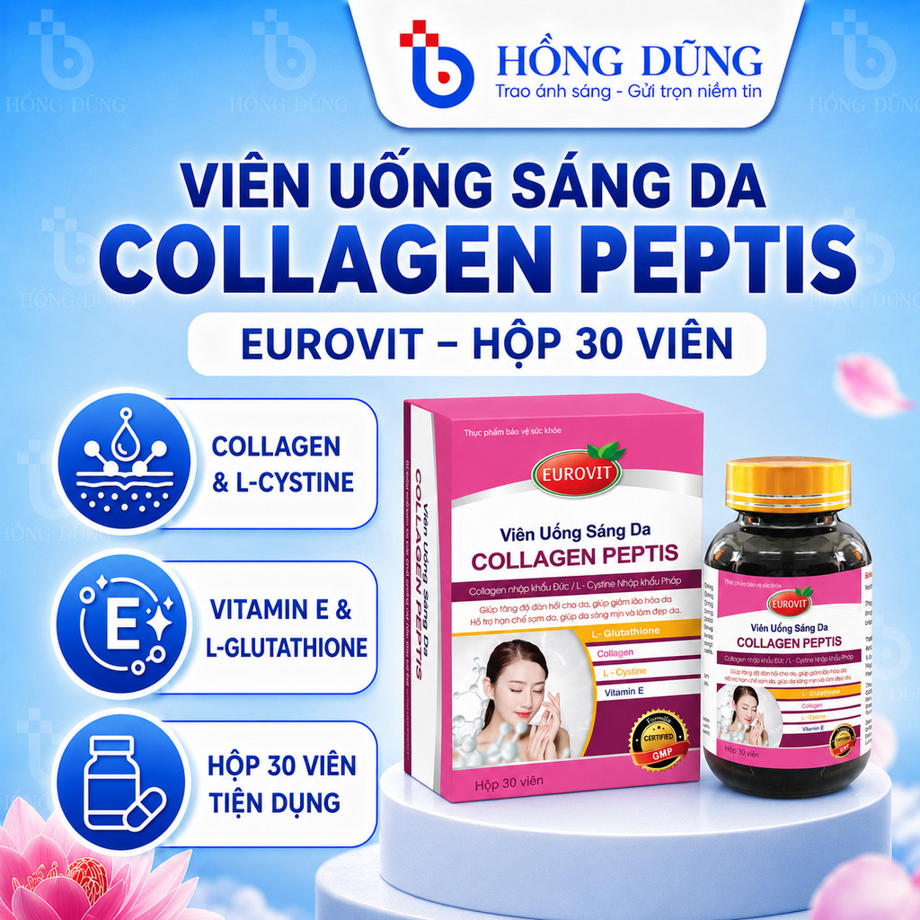 [Date 07/26] Eurovit Collagen Peptis Bổ Sung Collagen, Glutathione Giúp Da Sáng Mịn 30 Viên/Hộp