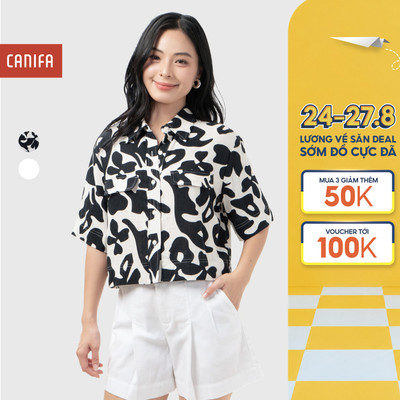 Áo sơ mi croptop nữ CANIFA cổ đức có túi hộp chất liệu rayon linen mềm mại dáng ngắn 6TH26S006