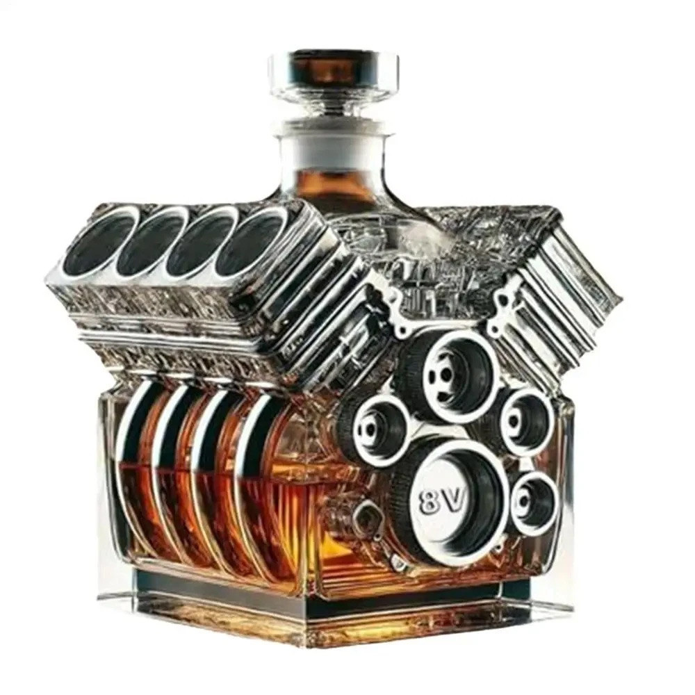V8 Engine Decanter Sculpted Glass Whiskey Container For Home Bar Liquor Holding And Stylish Tabletop