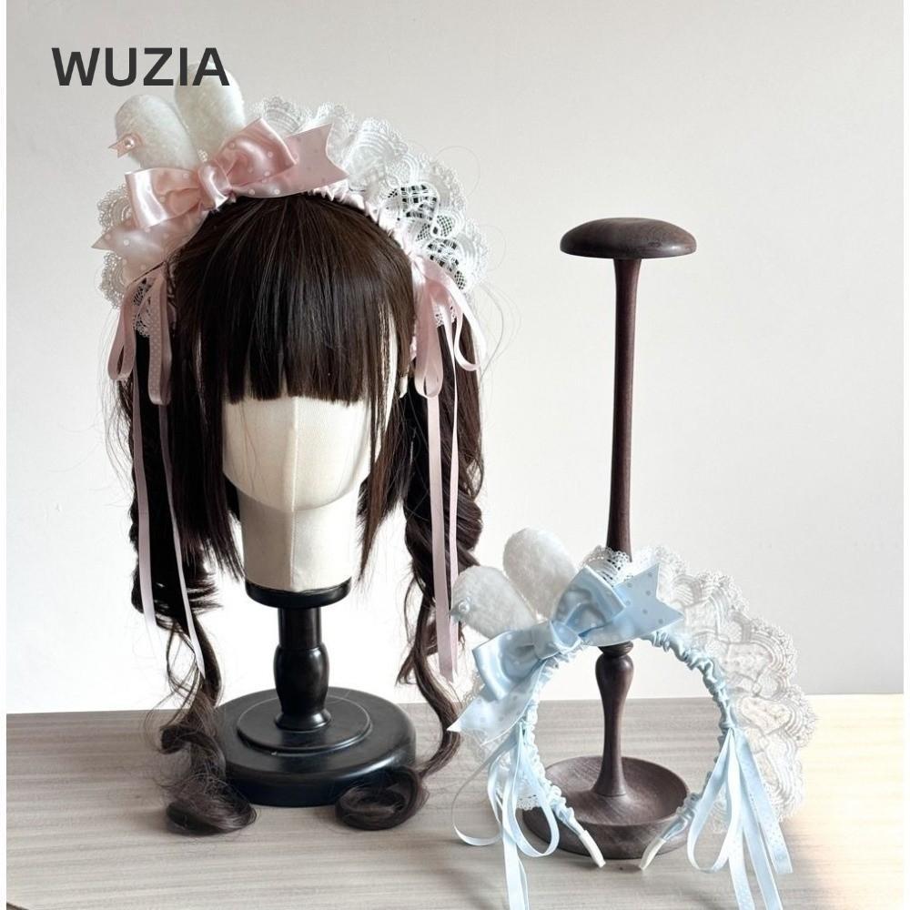 WUZIA Bunny Ear Headband, Polka Dot Bow Mini Bunny Ear Bow Headband, Gothic Style Lace Trim lolita H