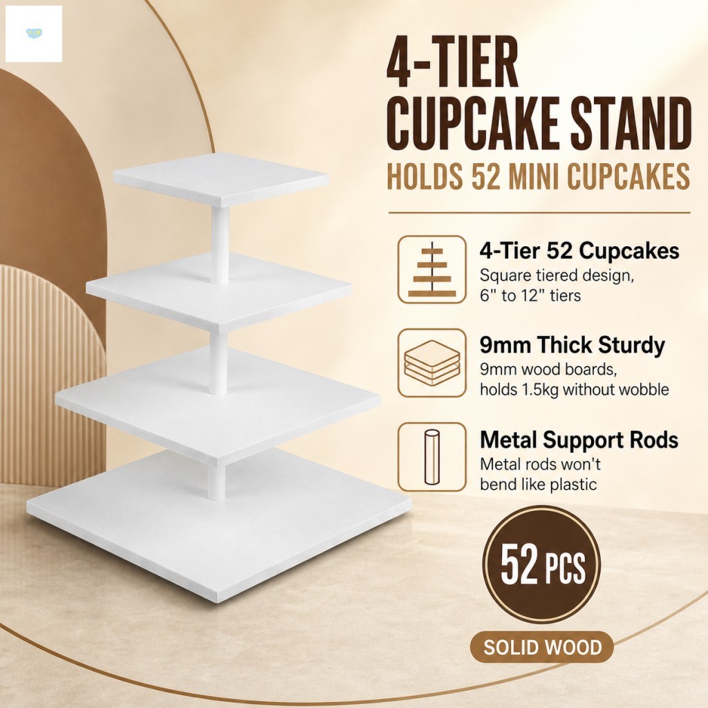 Đế trưng bày bánh Cupcake vuông bằng gỗ 4 tầng Tấm dày 9mm Hỗ trợ kim loại Giữ 52 chiếc bánh Cupcake
