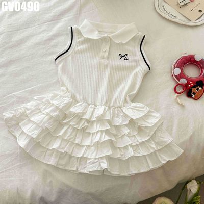 Váy bé gái MINTSCLOSET trắng kem sát nách cổ sen chân bèo nhiều tầng GV0490