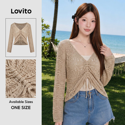 Lovito Kỳ nghỉ Áo len thông thường Áo len cắt dây rút trơn dành cho nữ L97AD069