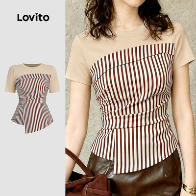 Lovito Áo sơ mi nữ thường ngày màu sắc kết hợp may ghép vải mùa xuân/hè L190ED708