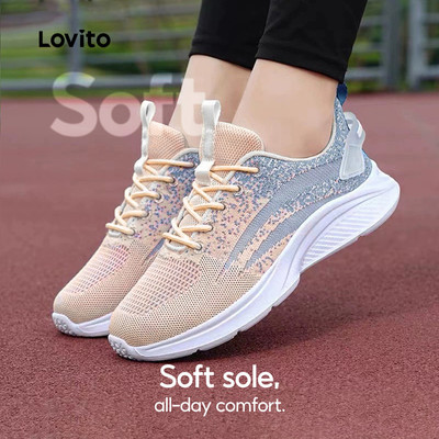 (New Arrival) Lovito Giày Thể Thao Thường Ngày Phong Cách Hàn Quốc Chất Liệu Dệt Thoáng Khí Nhẹ Màu Xám Hồng Dành Cho Nữ LFA118010
