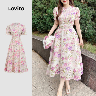 Đầm Lovito thanh lịch hoa phong cách nghỉ dưỡng mùa xuân/hè màu xám hồng cho nữ L178ED1408