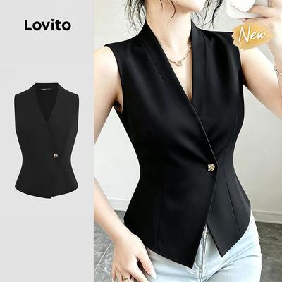 (New Arrival) Lovito Áo Nữ Thanh Lịch Cài Nút Bất Đối Xứng Thích Hợp Đi Làm Mùa Xuân/hè Màu Đen LK7ED563