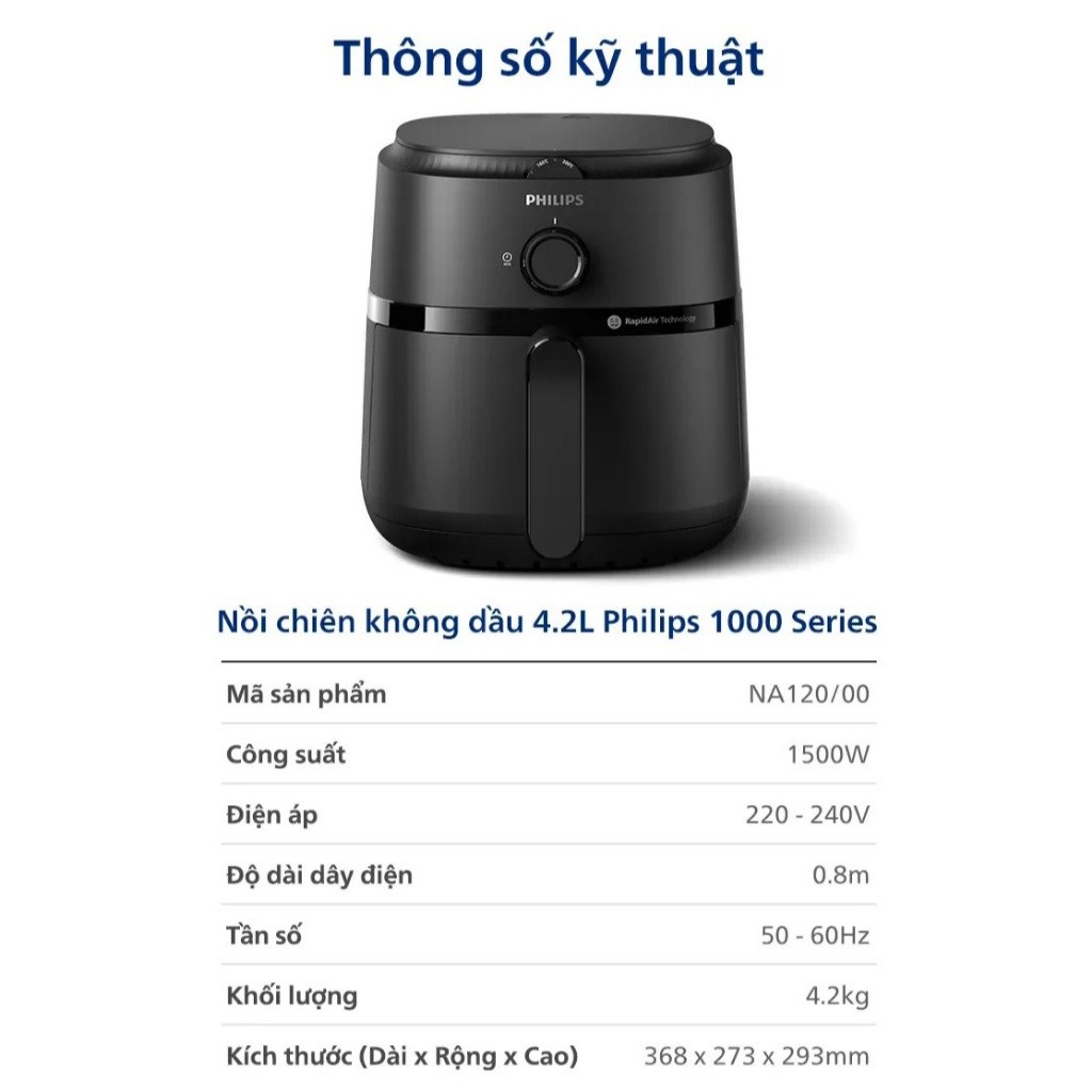 ✨ Nồi chiên không dầu Philips NA120/00 - 1500W - 4.2L - RapidAir - Đen
