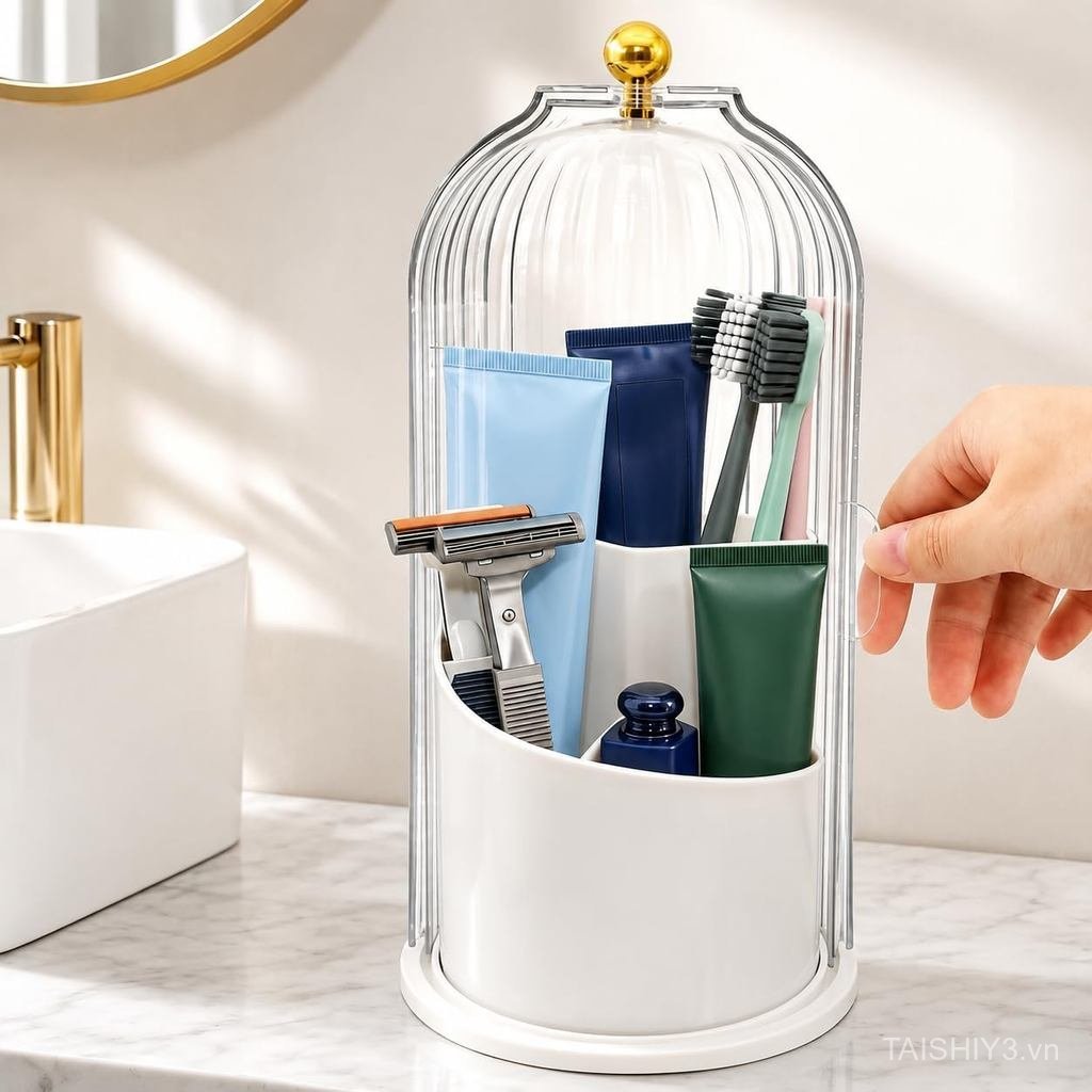 Toothbrush Holder Sliding Lid, 360° Rotating Bathroom Counter Organizer and Storage, Toothbrush and 
