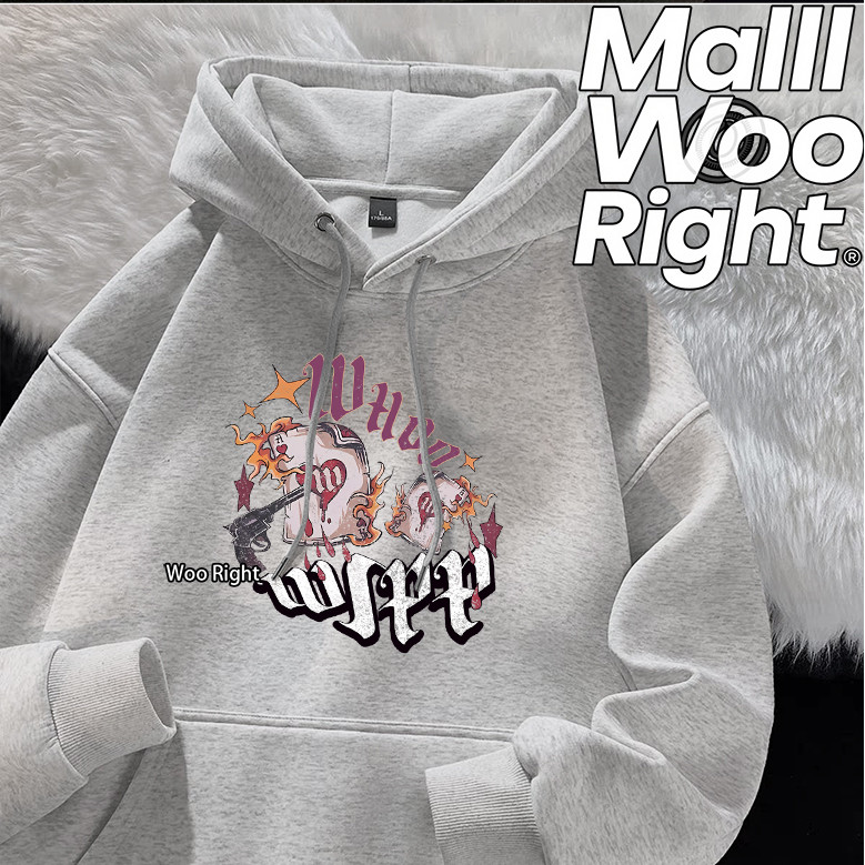 COD Woo Right Áo Hoodie nam màu xám nhạt in chữ hoạt hình Wright Ngực trái Vintage Casual