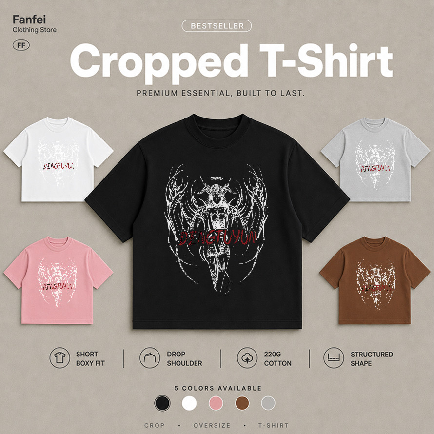 COD Fanfei boxy Crop T Dingtun Yun Áo thun ngắn màu đen trừu tượng In khuôn mặt Nghiên cứu phong các