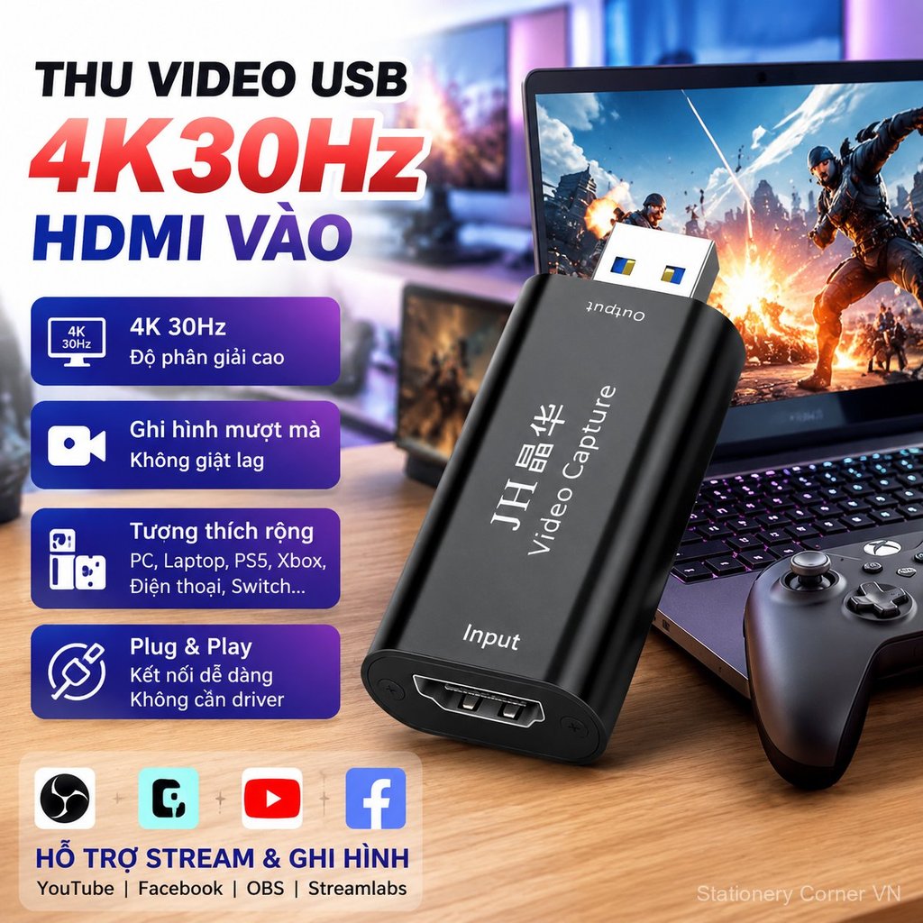 Card capture HDMI 4K30 cho stream game, điện thoại, máy tính, quay phim trực tiếp, rõ nét