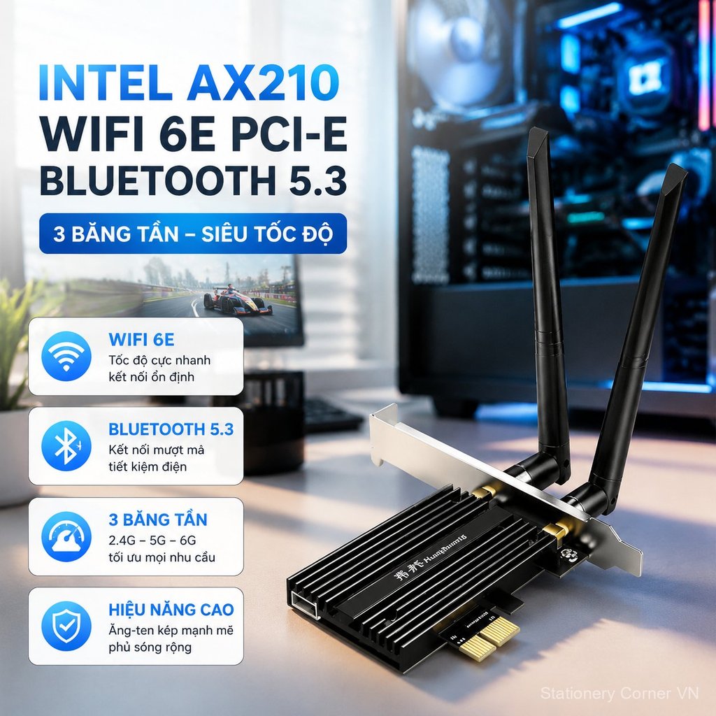 Card mạng WiFi 6 Intel AX210 chuẩn PCI-E, Bluetooth 5.3, ba băng tần 5G, tốc độ cao, ổn định, bán ch