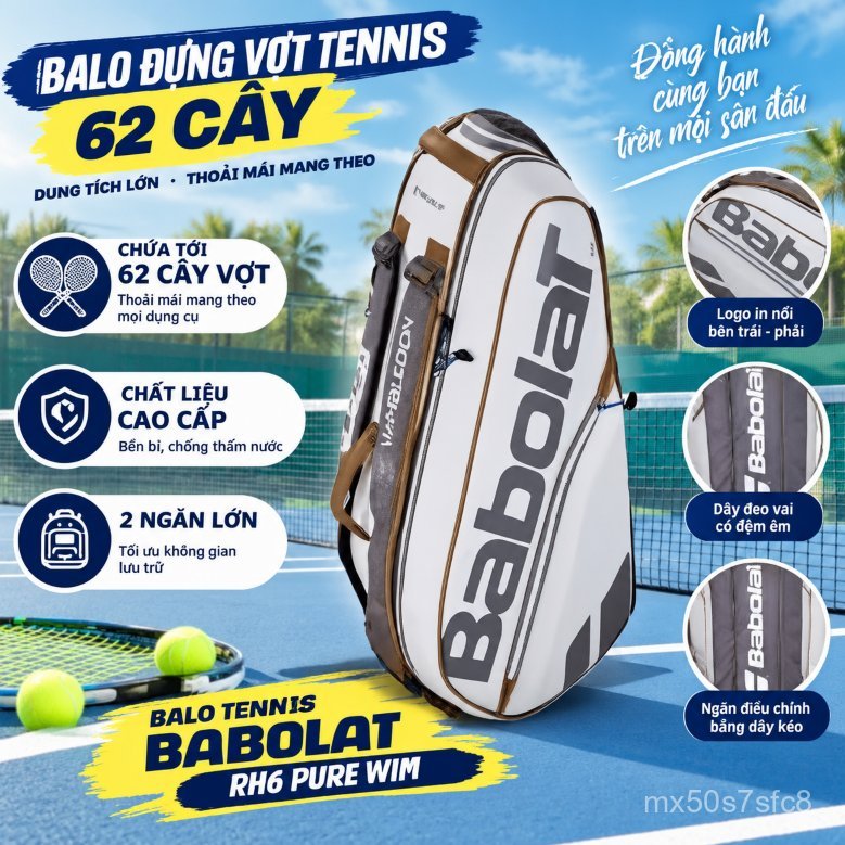 Balo đựng vợt tennis mới 62 cây, sức chứa lớn, nam nữ, Nadal Wimbledon, chống thấm, bền đẹp giao nha