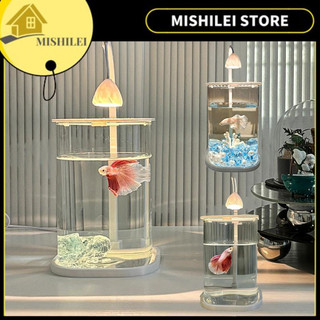 MISHILEI- Bể cá betta có đèn ngủ sáng tạo，Trang trí với san hô và kim cương ，Có nắp để bàn Có đèn decor văn phòng