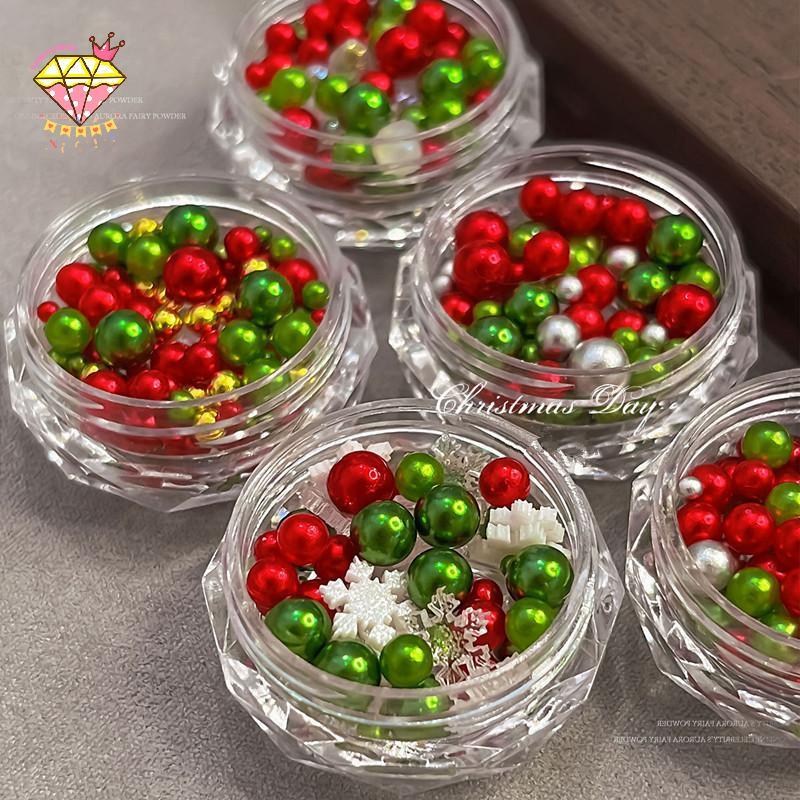 [DIAMONDWIND] 1 Hộp Giáng Sinh Ngọc Trai Đỏ / Xanh Bông Tuyết Móng Tay Kim Cương Giả Kích Thước Hỗn 