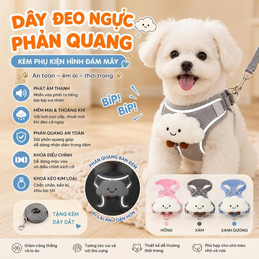 Yếm Dắt Chó Lưới Thoáng Khí Trang Trí đám Mây Bông Dễ Thương, Có Dây đai điều Chỉnh đa Cho Chó Nhỏ đ