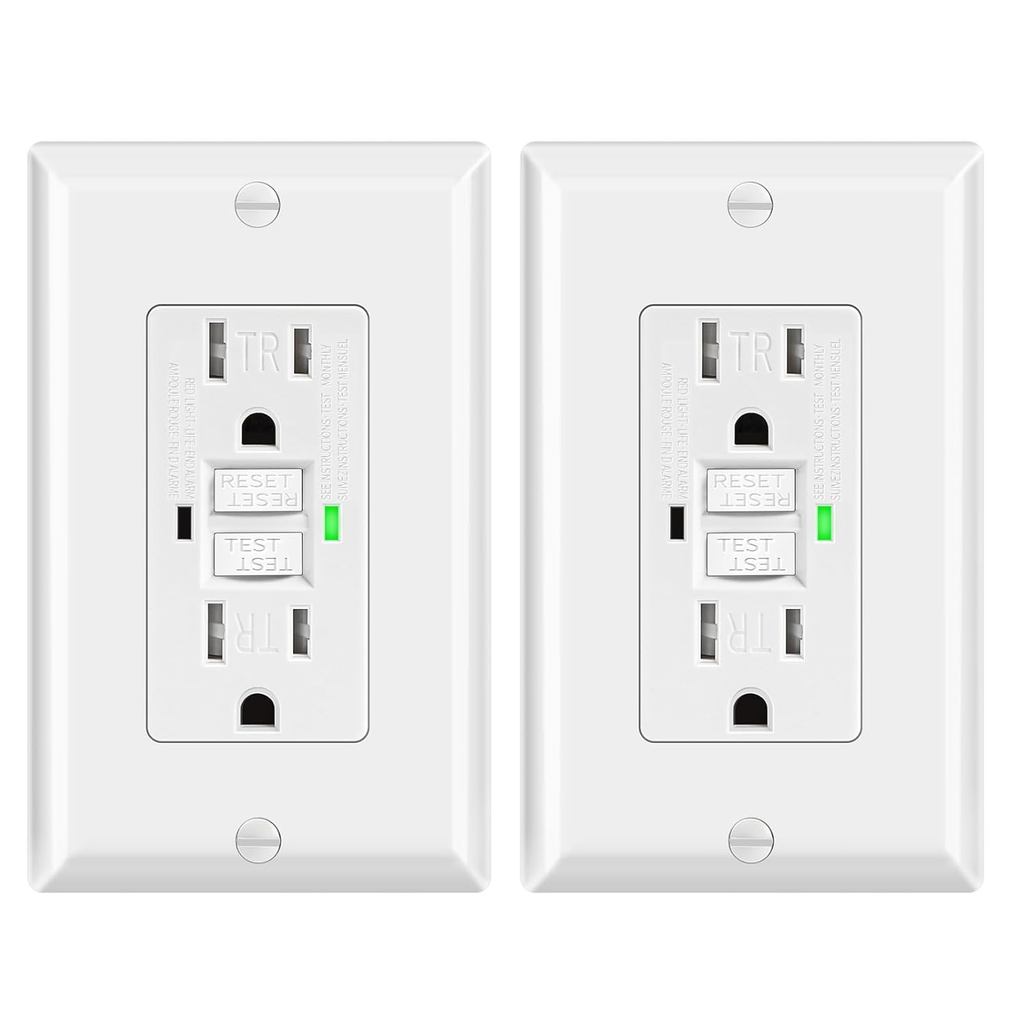 2 Gói GFCI Outlet 15 Amp, Chống Tamper TR, Thụ thể GFI tự kiểm tra có tấm tường, Ổ cắm điện cho nhà 