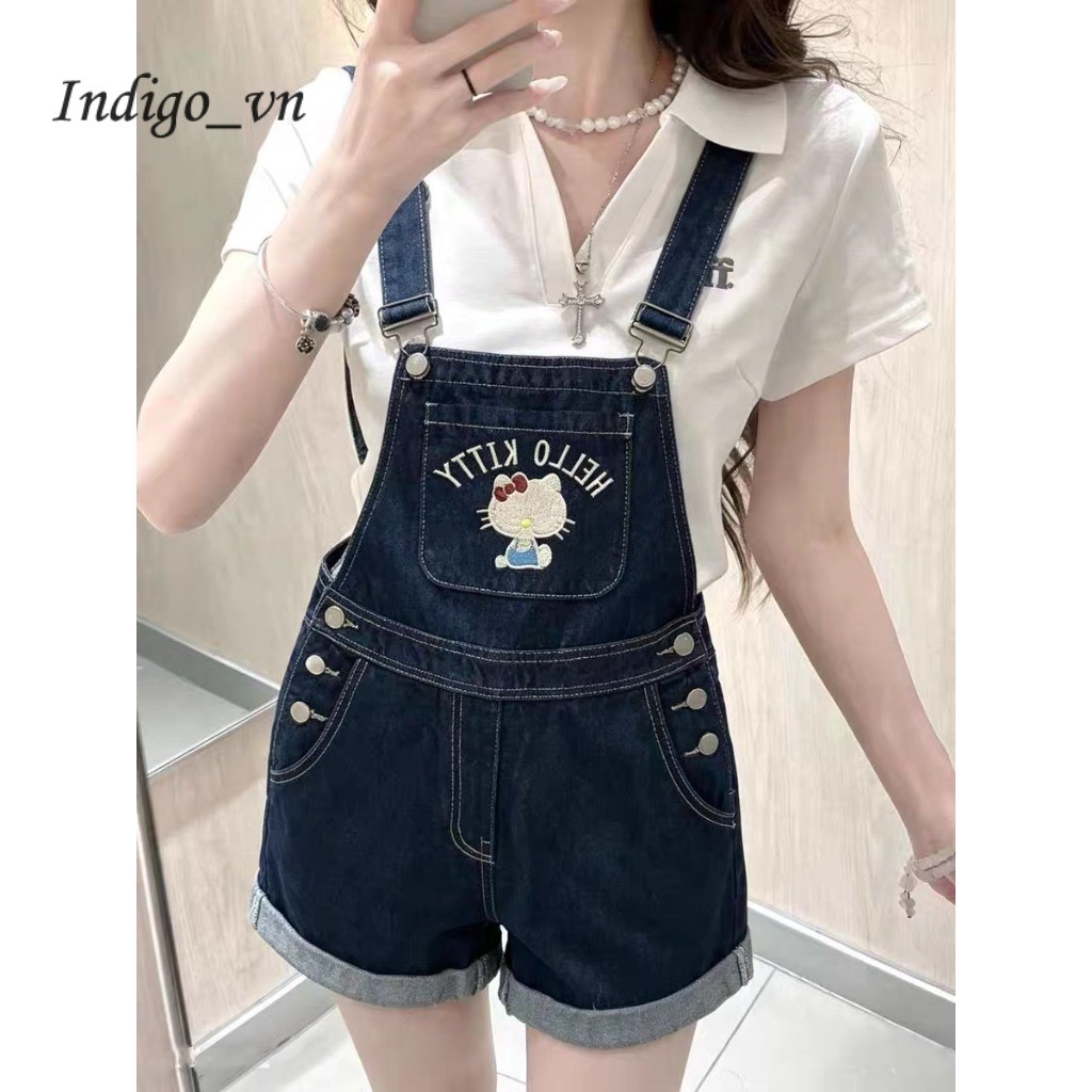 【Indigo】 Quần Yếm Denim Mỏng Mèo Kt Thêu