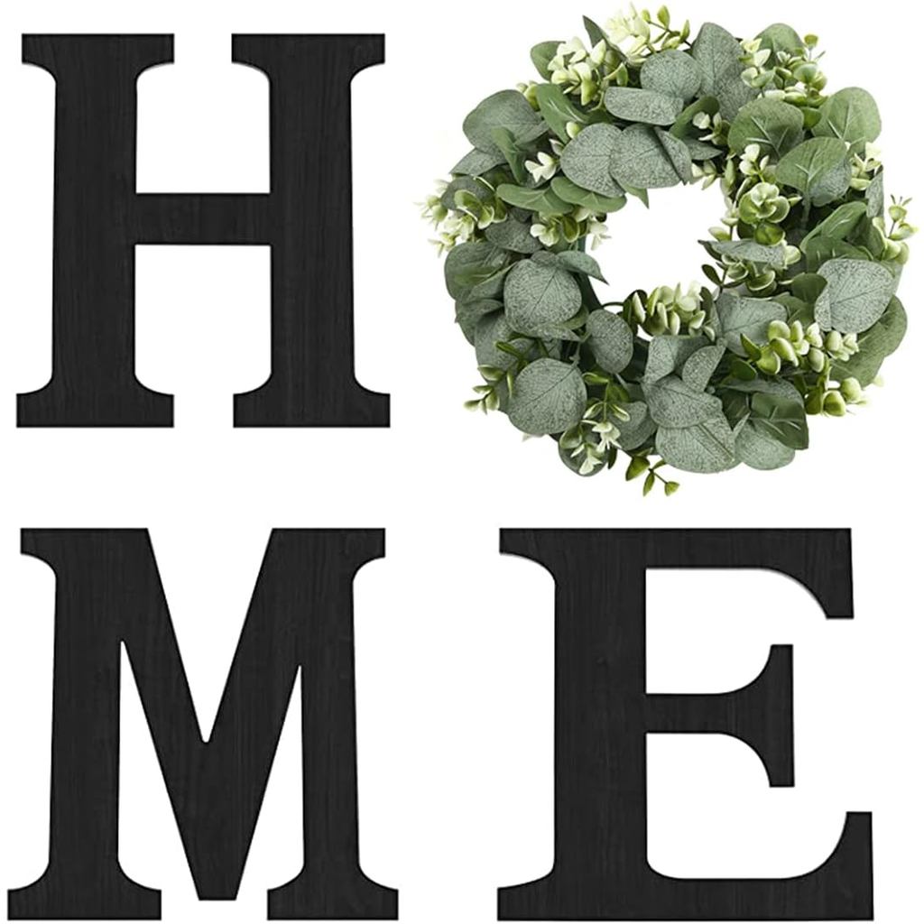 Biển hiệu nhà bằng gỗ với vòng hoa bạch đàn nhân tạo cho chữ O, treo tường Fhouse Trang trí nhà chữ 