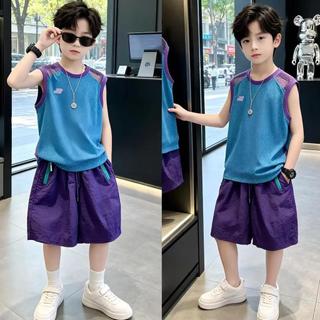 Bộ Đồ Bé Trai Áo Ba Lỗ Lưới Thể Thao Phối Quần Short Tím Cá Tính Phong Cách Hàn Quốc – Size 120-170