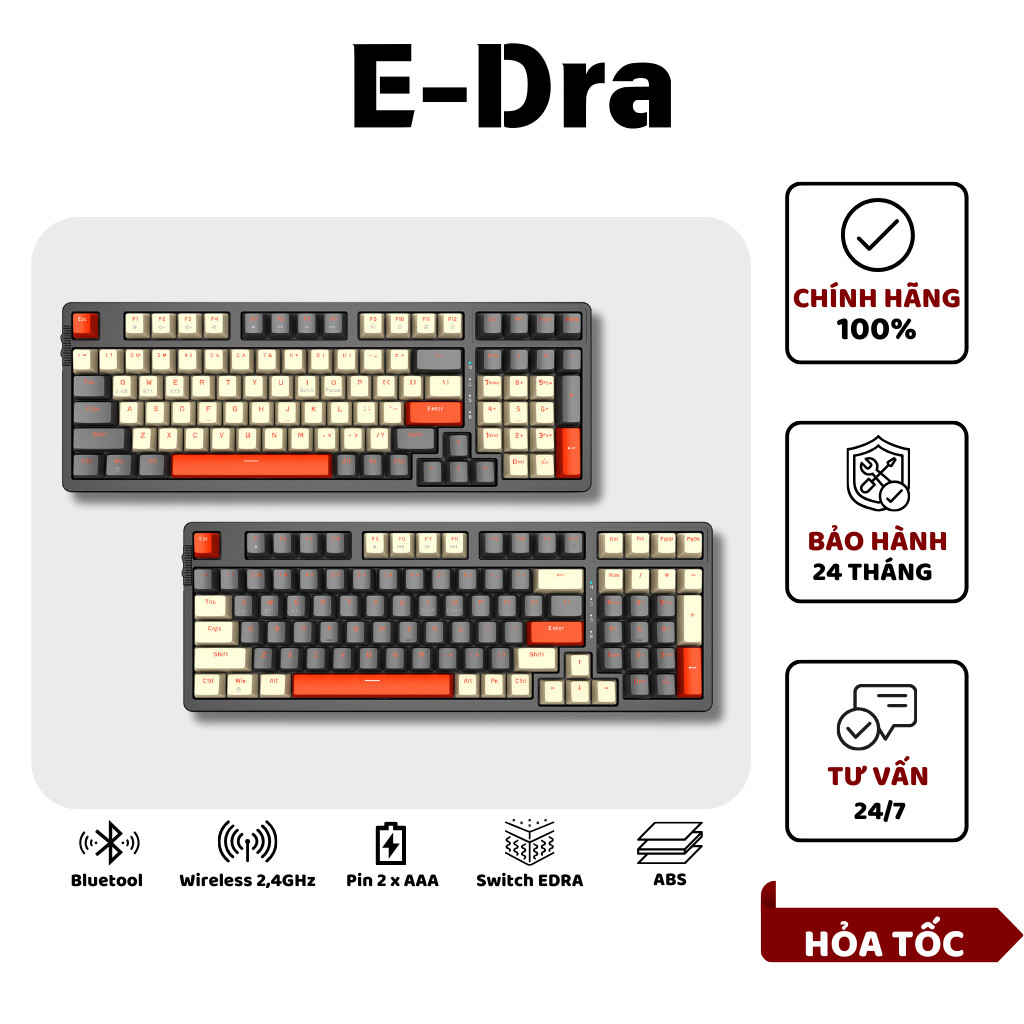 Bàn Phím Cơ EDRA EK398/EK398L/EK398PRO, Bàn Phím Gaming Bluetooth / Wireless 2.4Ghz - Bảo Hành 2 Năm