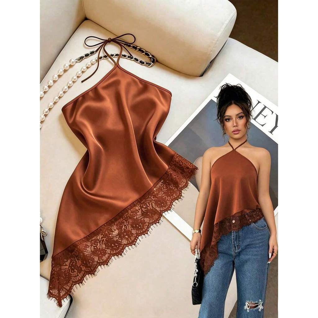 Áo tank top nữ mới mùa hè, áo tank top đen, cổ yếm thắt nơ, gấu bất đối xứng viền ren, áo tank top n