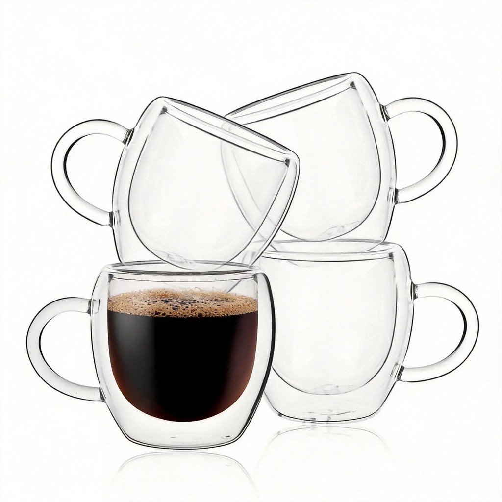 Bộ 4 cốc cà phê Espresso có tường đôi 2,5oz có tay cầm, Kính cốc bắn Expresso trong suốt, Tazas de C