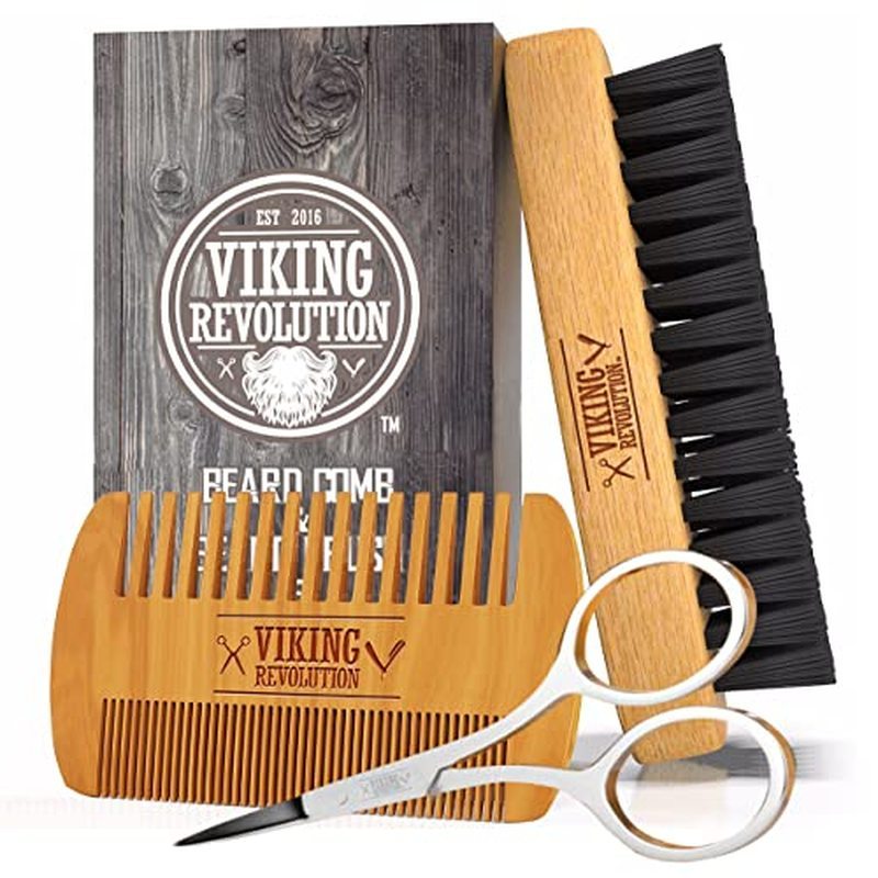 Viking Revolution Beard Comb & Beard Brush Set for Men -- Natural Boar Bristle Brush and Dual Action