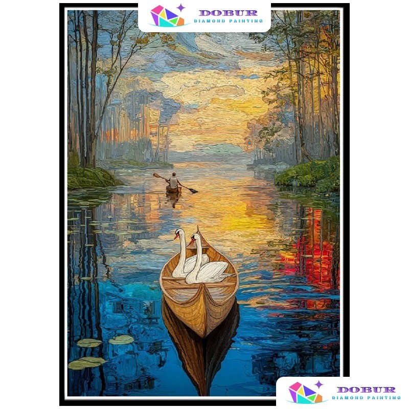 DOBURG | Bộ tranh kim cương | Swans Thuyền Trên Hồ 5D DIY Tròn / Vuông Full Khoan Canvas Với Số Hàng
