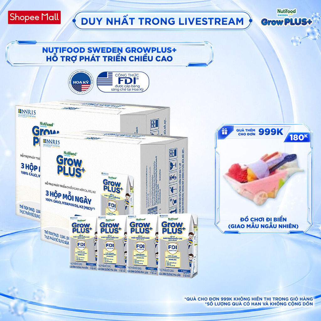 Combo 2 Thùng 24 Hộp Sữa Bột Pha Sẵn Nutifood Sweden GrowPLUS+ Cao lớn vượt trội hộp 110 ml