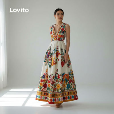 Lovito Gaun Vacation Motif Bunga Garis Struktur Musim Bunga dan Panas untuk Wanita L170ED106