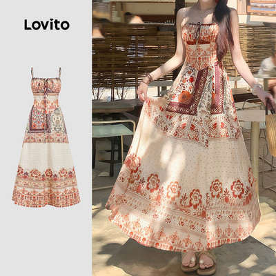 (Kỳ nghỉ) Lovito Váy Dây Rút Xòe Bèo Xuân/Hè cho Nữ L177ED106