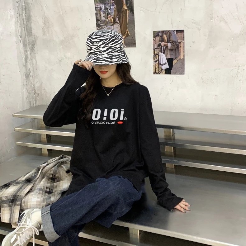 Áo thun dài tay in chữ Oioi Street Wear in hình Cotton nguyên chất
