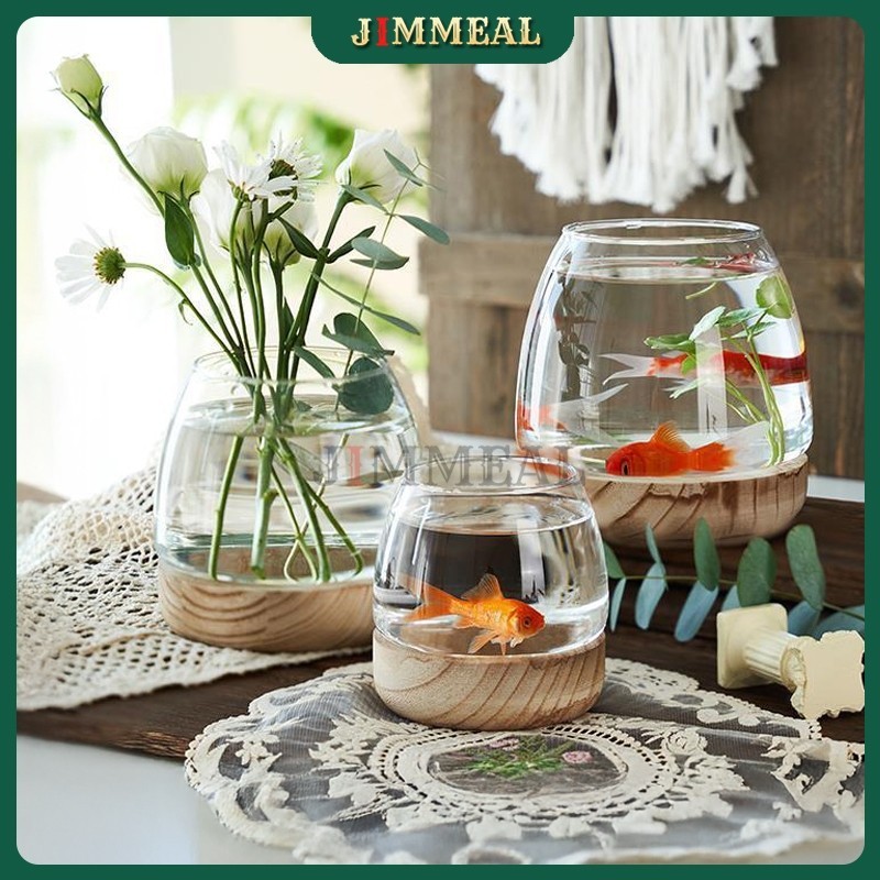 [Bao Vỡ] Bình Thủy Tinh Đế Gỗ Thả Cá Cắm Hoa Tiểu Cảnh, Trồng Cây Thuỷ Sinh JIMMEAL Kiểu Nhật Để Bàn