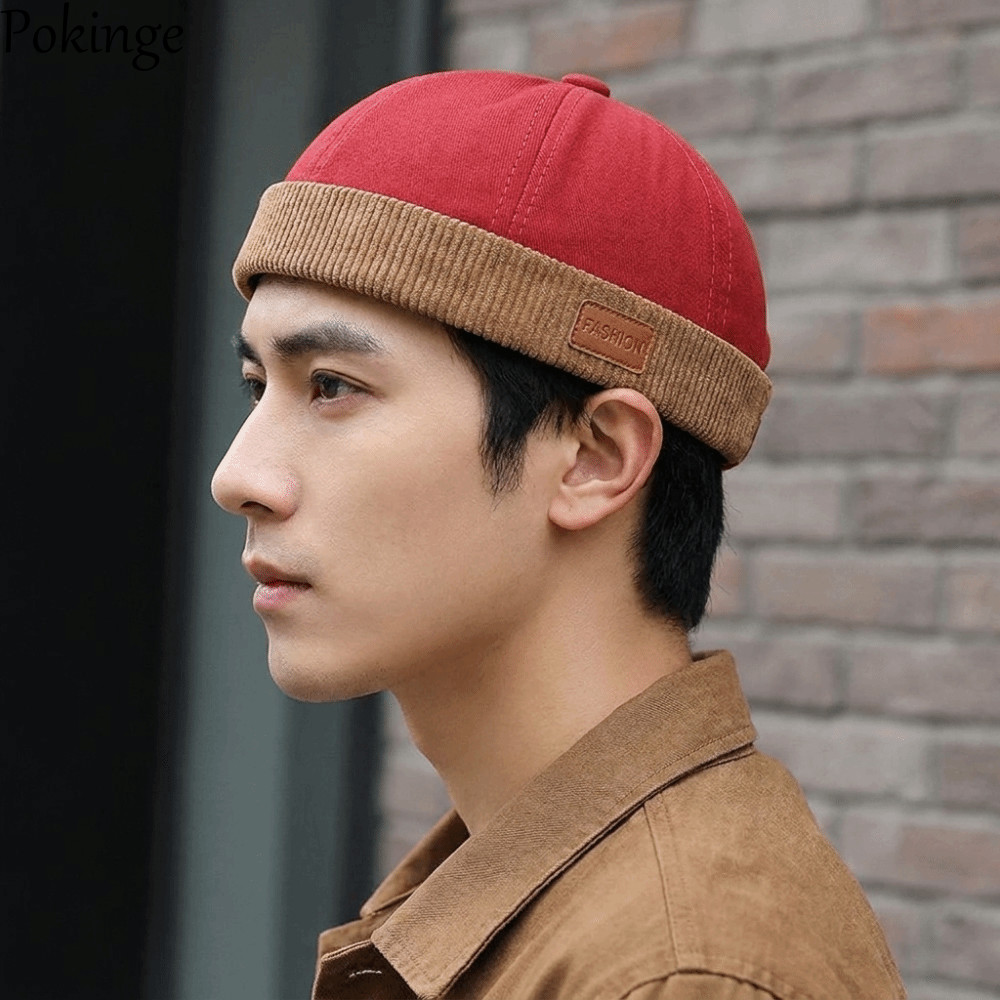 POKINGE Landlord Hat, Corduroy Nối Màu Mái Vòm Mũ Dưa, Thời Trang Hip Hop Không Vành Beanies Docker 