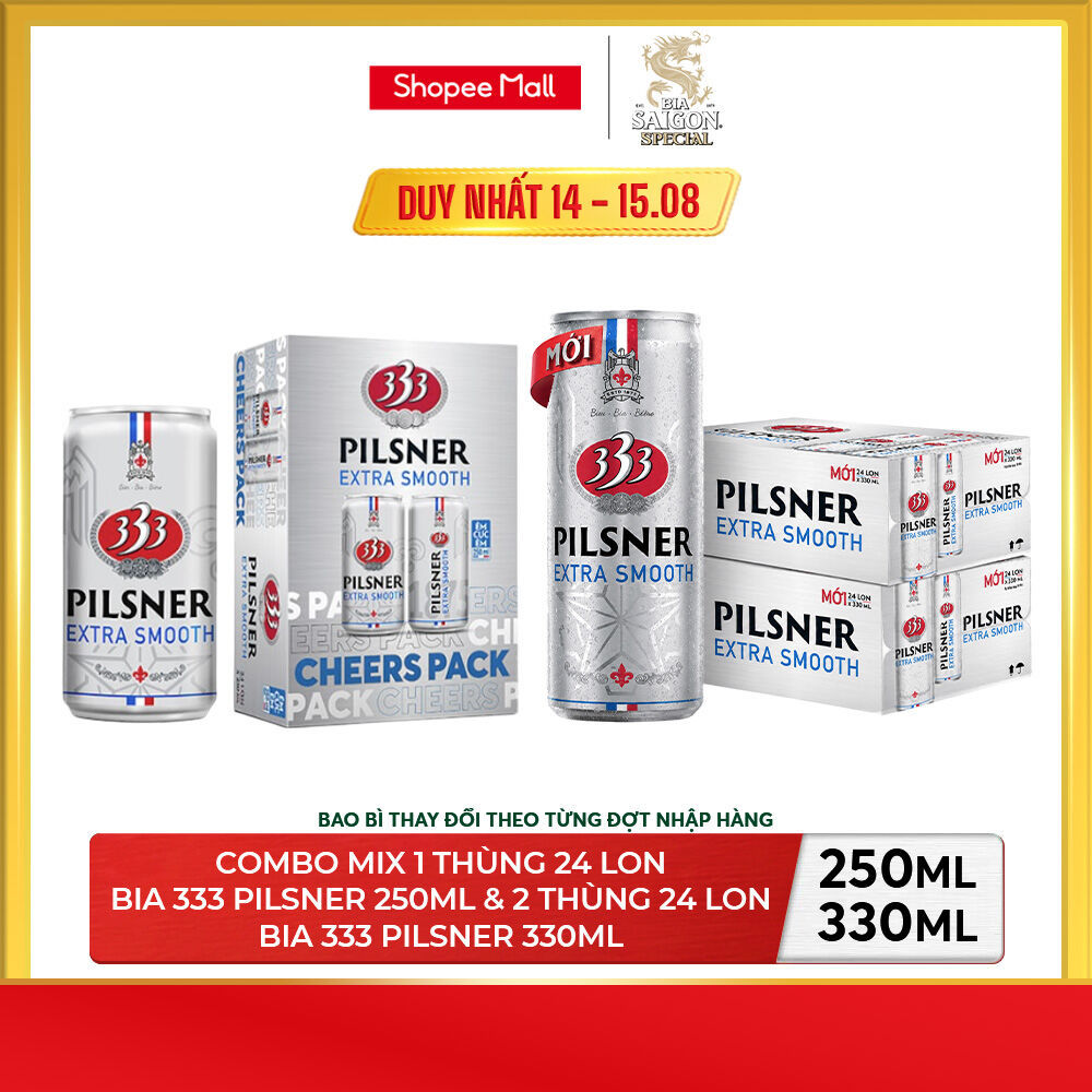 [HỎA TỐC HCM] Combo Nồng độ  4.3% - 1 Thùng 24 Bia 333 Pilsner 250ml & Nồng độ 4.3% - 2 Thùng  24 Bi