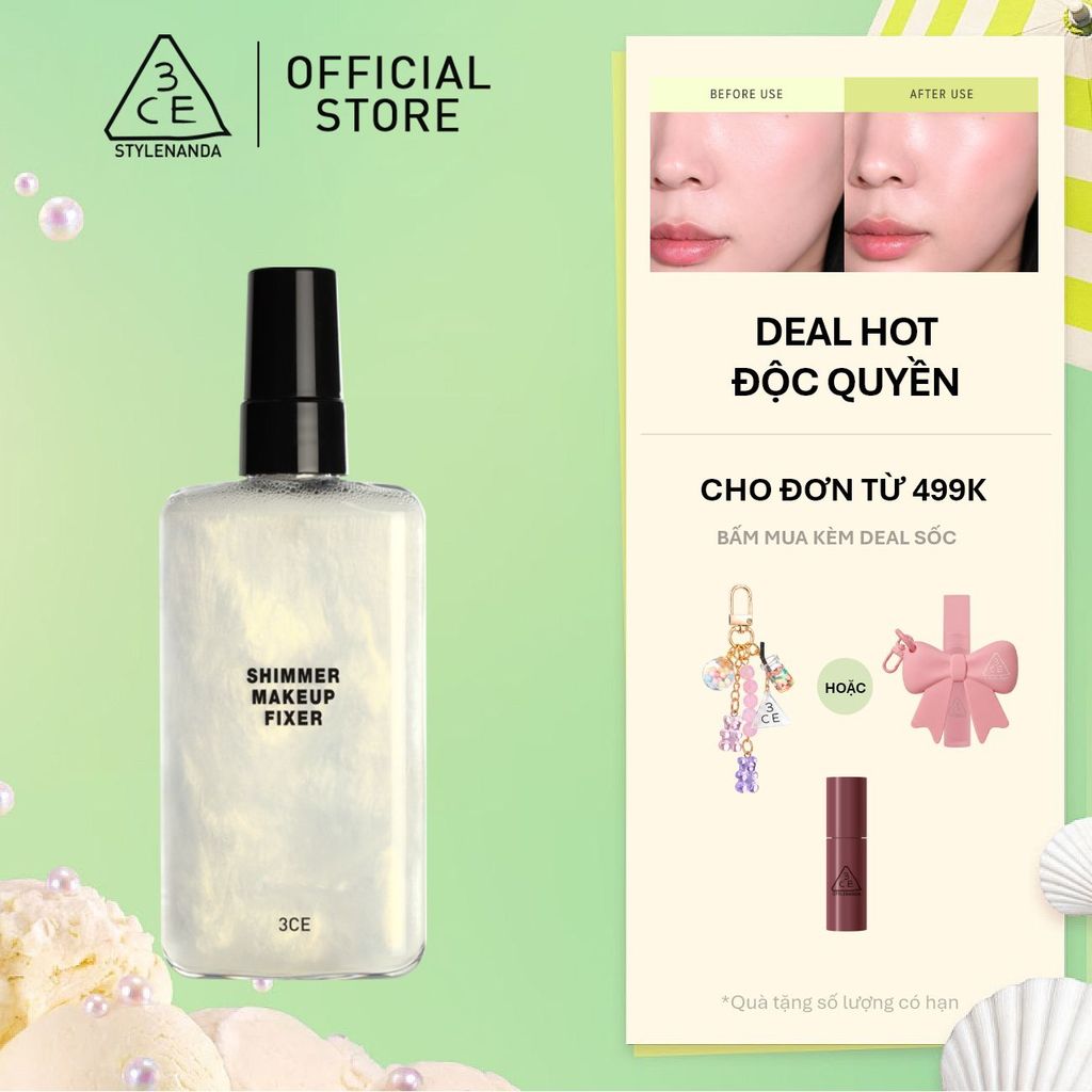 Xịt Khóa Nền 3CE Shimmer Makeup Fixer Tia Sương Mỏng Nhẹ, Bền Chắc Lâu Trôi, Hiệu Quả Giữ Ẩm Căng Bó