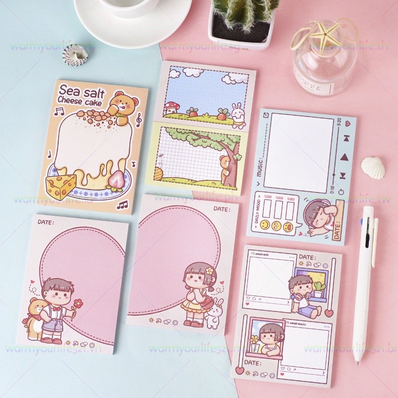Miếng ghi nhớ chống dính dòng Mochi nhỏ Phim hoạt hình sáng tạo Giấy ghi nhớ tin nhắn rách 4 kiểu