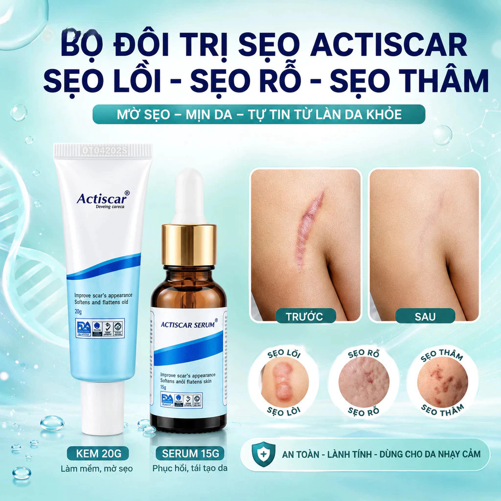 Bộ Actiscar Kem Dưỡng 20g + Serum 15ml | Hỗ trợ làm mờ sẹo lồi, sẹo lõm, sẹo thâm, sẹo mụn, sẹo sau 