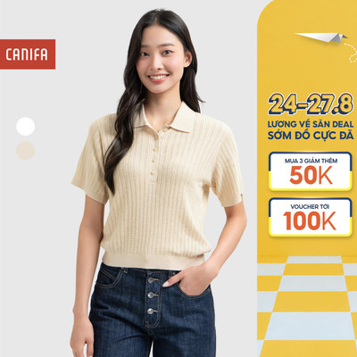 Áo len Mongtoghi nữ CANIFA cộc tay cổ bẻ, áo len tăm cộc tay mùa hè 6TE26S007